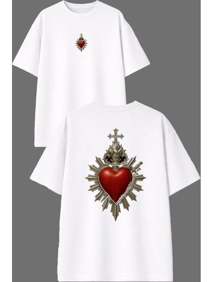 Vsrn Kalp Kılıç Tasarım Ön Arka Baskılı Beyaz Oversize T Shirt