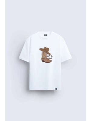 Shain Pinterest Kovboy Baskılı Bisiklet Yaka Beyaz Tişört T-Shirt
