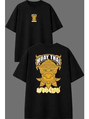 Vsrn Turuncu Muay Thaı Tasarım Ön Arka Baskılı Siyah Oversize T Shirt