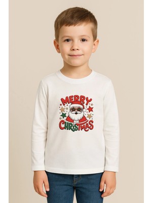 Shain Yeni Yıl Yılbaşı Noel Baba Christmas Baskılı Bisiklet Yaka Çocuk Uzun Kol Tişört Bluz