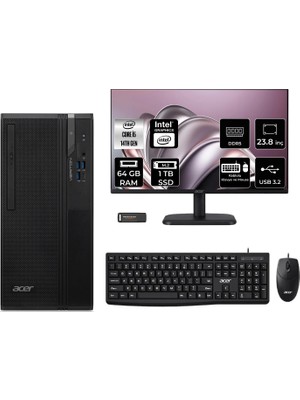 Acer Veriton S2720G Core I5 14400 64GB 1tb SSD 23.8" Fhd Freedos DTR1PEM002P494 Masaüstü Bilgisayar & Per4 USB