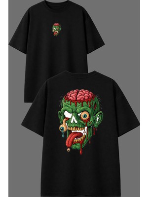 Vsrn Yeşil Zombi Tasarım Ön Arka Baskılı Siyah Oversize T Shirt