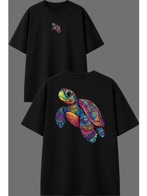 Vsrn Renkli Kaplumbağ Tasarım Ön Arka Baskılı Siyah Oversize T Shirt