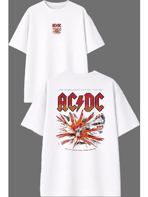Vsrn Ac Dc Rock Tasarım Ön Arka Baskılı Beyaz Oversize T Shirt