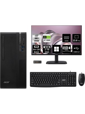 Acer Veriton S2720G Core I5 14400 GT1030 4gb 64GB 2tb SSD 23.8" Fhd WIN11 Pro DTR1PEM002P655 Masaüstü Bilgisayar & Per4 USB