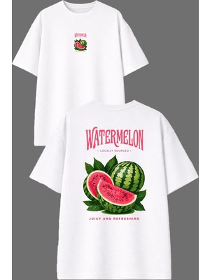 Vsrn Watermelon Tasarım Ön Arka Baskılı Beyaz Oversize T Shirt