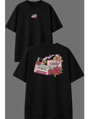 Vsrn Kasetler Tasarım Ön Arka Baskılı Siyah Oversize T Shirt