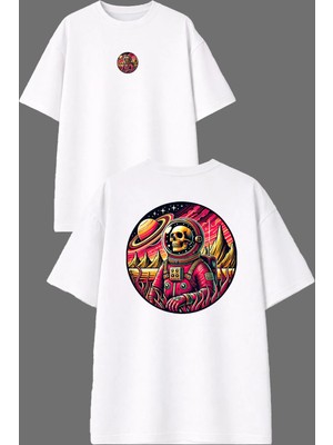 Vsrn Iskelet Astronot Tasarım Ön Arka Baskılı Beyaz Oversize T Shirt