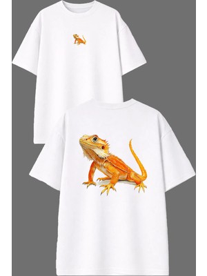 Vsrn Turuncu Bukalemun Tasarım Ön Arka Baskılı Beyaz Oversize T Shirt