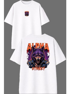Vsrn Alfa Kurt Tasarım Ön Arka Baskılı Beyaz Oversize T Shirt