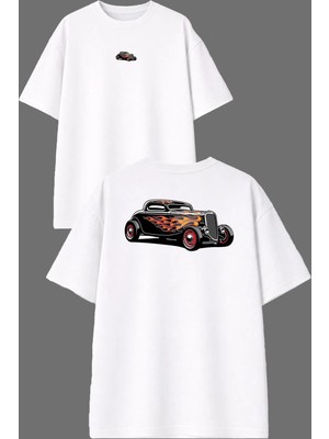 Vsrn Alevli Araba Tasarım Ön Arka Baskılı Beyaz Oversize T Shirt