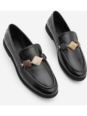 Marjin Kadın Loafer Makosen Taşlı Klasik Günlük Ayakkabı Meniva Siyah