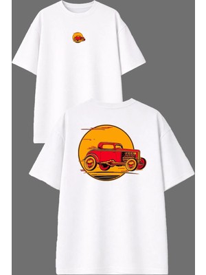 Vsrn Eski Kırmızı Araba Tasarım Ön Arka Baskılı Beyaz Oversize T Shirt