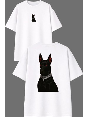 Vsrn Doberman Tasarım Ön Arka Baskılı Beyaz Oversize T Shirt