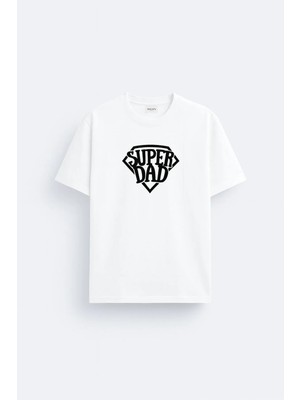Shain Süper Baba Dad Babalar Günü Baskılı Pamuklu Kumaş Beyaz Tişört T-Shirt