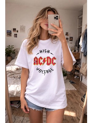 Shain Ac Dc Baskılı Bisiklet Yaka Beyaz Tişört T-Shirt