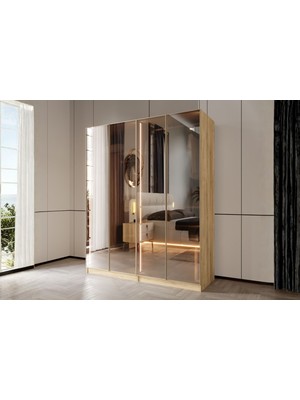 Doressa Bend Walnut 4 Kapılı Reflekte Camlı Gardırop