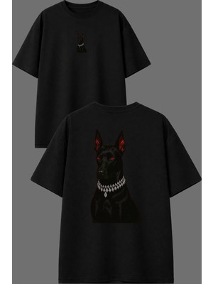 Vsrn Doberman Tasarım Ön Arka Baskılı Siyah Oversize T Shirt