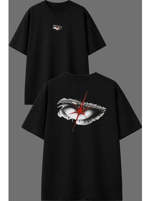 Vsrn Kırmızı Yıldız Göz Tasarım Ön Arka Baskılı Siyah Oversize T Shirt