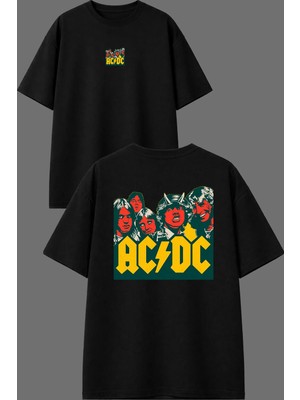 Vsrn Şeytan Acdc Tasarım Ön Arka Baskılı Siyah Oversize T Shirt