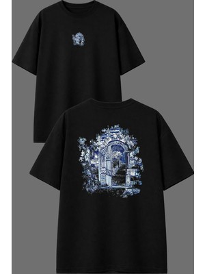 Vsrn Mavi Çiçekler Tasarım Ön Arka Baskılı Siyah Oversize T Shirt