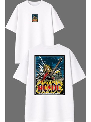 Vsrn Poster Acdc Tasarım Ön Arka Baskılı Beyaz Oversize T Shirt