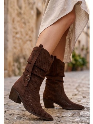 Pabucmarketi Kahve Süet Lazer Kesim Kovboy Kadın Topuklu Çizme