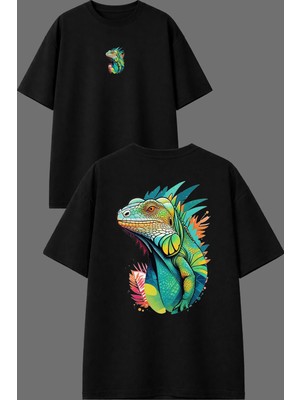 Vsrn Renkli Bukalemun Tasarım Ön Arka Baskılı Siyah Oversize T Shirt