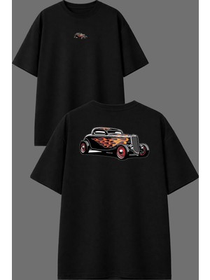 Vsrn Alevli Araba Tasarım Ön Arka Baskılı Siyah Oversize T Shirt