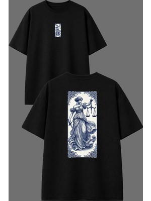 Vsrn Terazi Burcu Tasarım Ön Arka Baskılı Siyah Oversize T Shirt