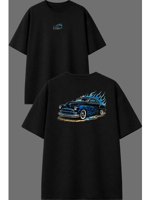 Vsrn Mavi Alevli Araba Tasarım Ön Arka Baskılı Siyah Oversize T Shirt
