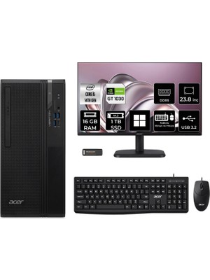 Acer Veriton S2720G Core I5 14400 GT1030 4gb 16GB 1tb SSD 23.8" Fhd WIN11 Pro DTR1PEM002P642 Masaüstü Bilgisayar & Per4 USB