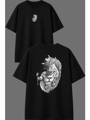 Vsrn Aslan ve Şovalye Tasarım Ön Arka Baskılı Siyah Oversize T Shirt