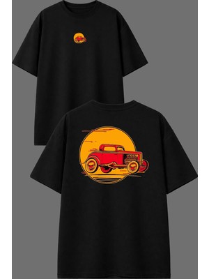 Vsrn Eski Kırmızı Araba Tasarım Ön Arka Baskılı Siyah Oversize T Shirt