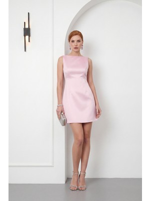 Lafaba Kadın Pembe Sırt Dekolteli Mini Saten Mezuniyet Abiye Elbise