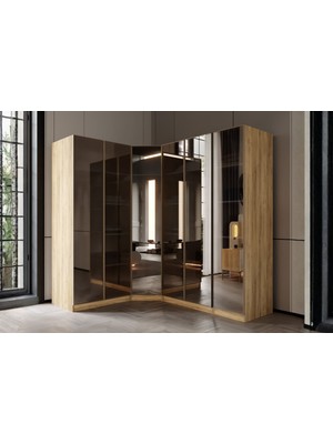 Doressa Bend Walnut 6 Kapılı Reflekte Camlı Köşe Gardırop