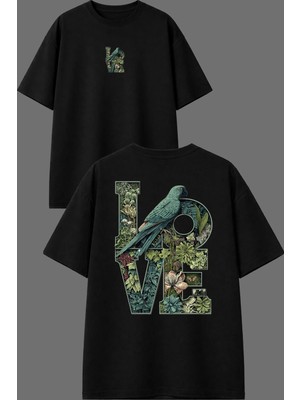 Vsrn Love Papağan Tasarım Ön Arka Baskılı Siyah Oversize T Shirt