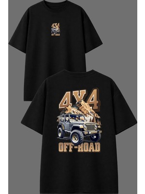 Vsrn 4 4 Off Road Tasarım Ön Arka Baskılı Siyah Oversize T Shirt