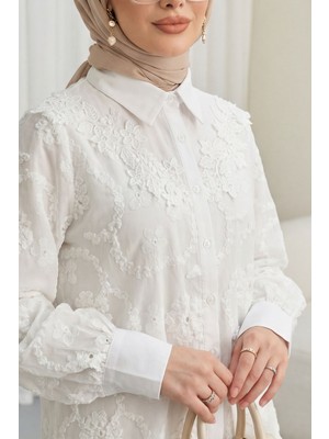 Moda Morfo Çiçek Nakışlı Fistolu Düğmeli Mira Gömlek -Beyaz
