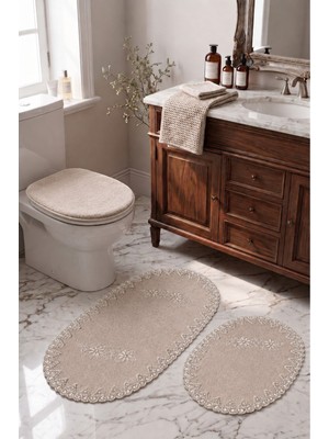 Bonny Home Vizon 3lü Fransız Dantelli Lüks Banyo Paspası Kaymaz Çeyizlik Oval Banyo Paspas Seti Lauris