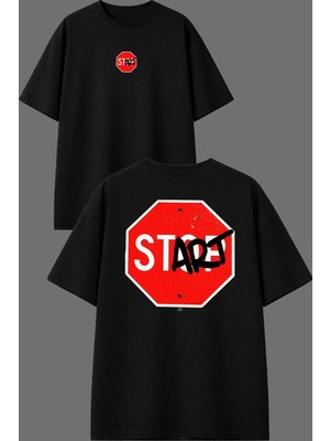 Vsrn Start Op Tasarım Ön Arka Baskılı Siyah Oversize T Shirt