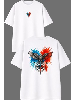 Vsrn Kırmızı Mavi Kuş Tasarım Ön Arka Baskılı Beyaz Oversize T Shirt