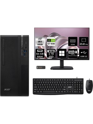 Acer Veriton S2720G Core I5 14400 GT1030 4gb 64GB 4tb SSD 23.8" Fhd WIN11 Pro DTR1PEM002P656 Masaüstü Bilgisayar & Per4 USB