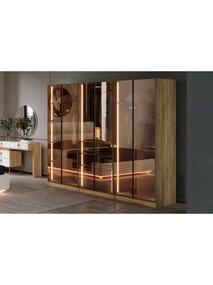 Doressa Bend Walnut 6 Kapılı Reflekte Camlı Gardırop