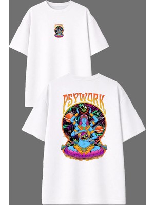 Vsrn Psywork Tasarım Ön Arka Baskılı Beyaz Oversize T Shirt