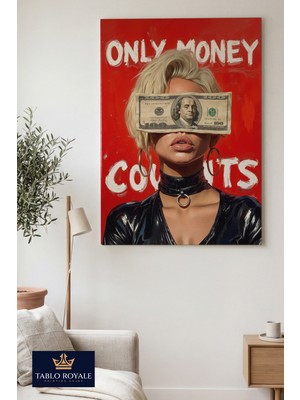 Tablo Royale Only Money Counts Kanvas Tablo | Luxury Pop Art Kadın Portre | Kırmızı Modern Duvar Dekoru