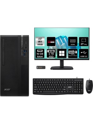 Acer Veriton S2720G Core I5 14400 RX550 4gb 16GB 4tb SSD 27" Fhd WIN11 Home DTR1PEM002P744 Masaüstü Bilgisayar & Per4 USB