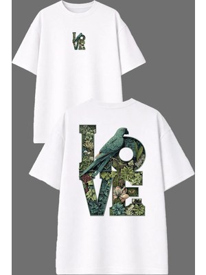 Vsrn Love Papağan Tasarım Ön Arka Baskılı Beyaz Oversize T Shirt