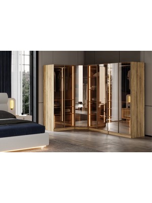 Doressa Bend Walnut 7 Kapılı Reflekte Camlı Köşe Gardırop