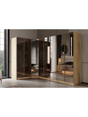 Doressa Bend Walnut 8 Kapılı Reflekte Camlı Köşe Gardırop
